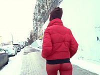Jeny Smith public walking in red seamless pantyhose