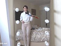 Jeny tries on a variety of seamless pantyhose